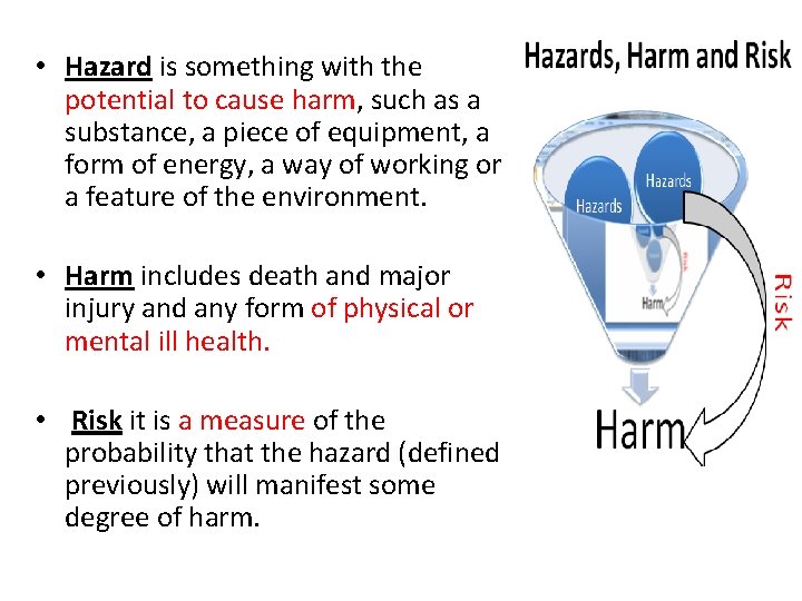  • Hazard is something with the potential to cause harm, such as a