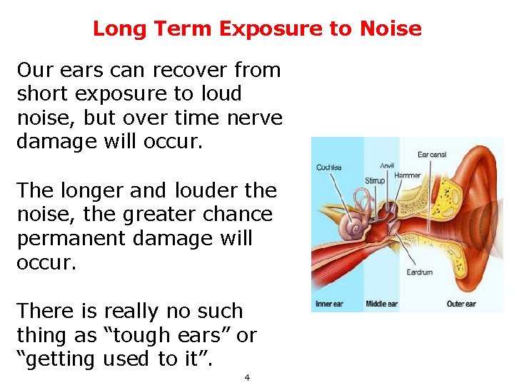 Long Term Exposure to Noise Our ears can recover from short exposure to loud