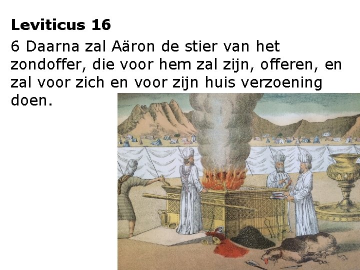 Leviticus 16 6 Daarna zal Aäron de stier van het zondoffer, die voor hem