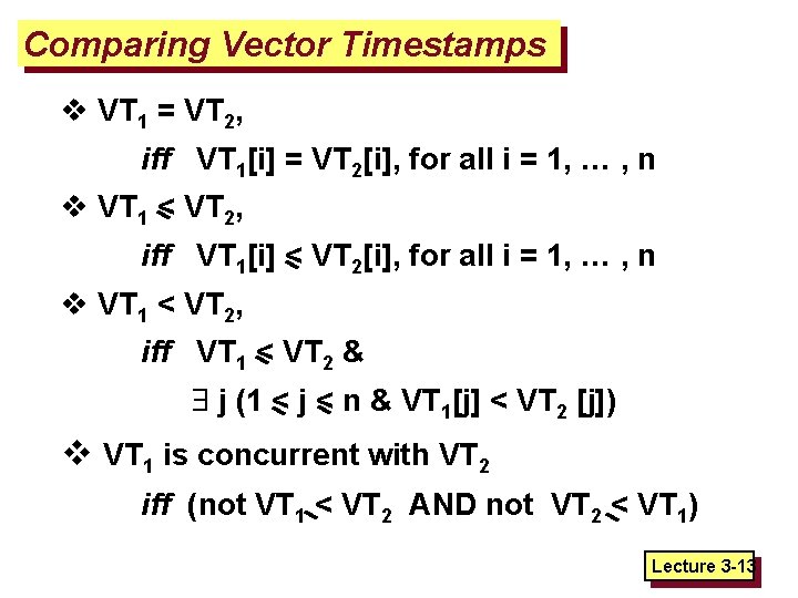Comparing Vector Timestamps v VT 1 = VT 2, iff VT 1[i] = VT