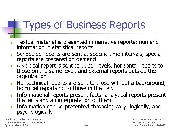 Types of Business Reports n n n Textual material is presented in narrative reports;