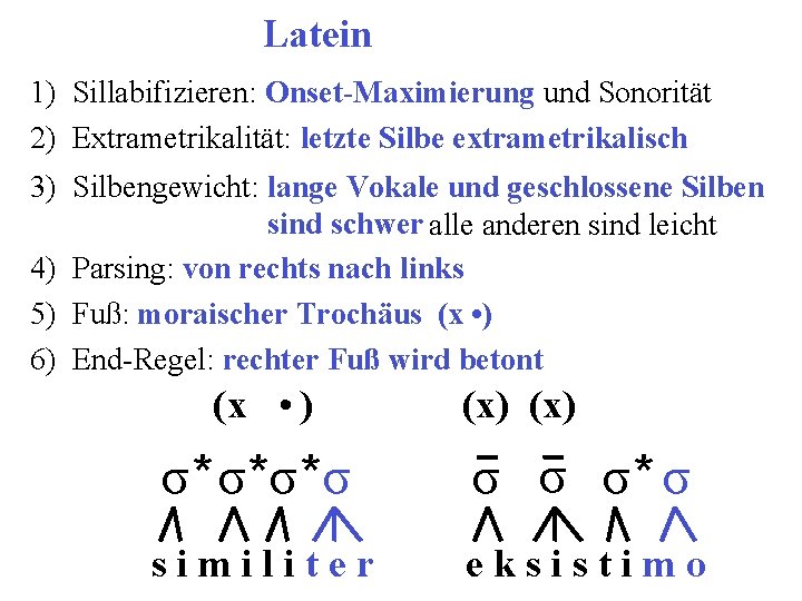 Latein 1) Sillabifizieren: Onset-Maximierung und Sonorität 2) Extrametrikalität: letzte Silbe extrametrikalisch 3) Silbengewicht: lange