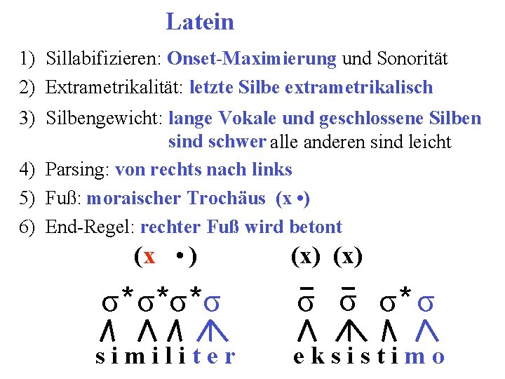 Latein 1) Sillabifizieren: Onset-Maximierung und Sonorität 2) Extrametrikalität: letzte Silbe extrametrikalisch 3) Silbengewicht: lange