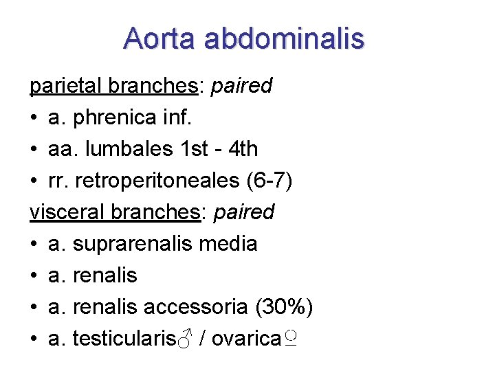 Aorta abdominalis parietal branches: paired • a. phrenica inf. • aa. lumbales 1 st