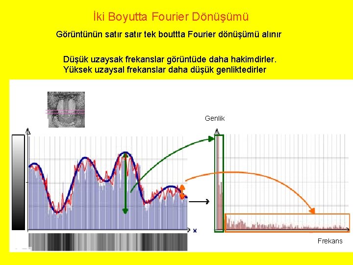 İki Boyutta Fourier Dönüşümü Görüntünün satır tek bouttta Fourier dönüşümü alınır Düşük uzaysak frekanslar