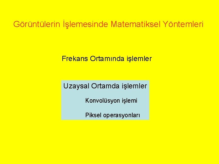 Görüntülerin İşlemesinde Matematiksel Yöntemleri Frekans Ortamında işlemler Uzaysal Ortamda işlemler Konvolüsyon işlemi Piksel operasyonları