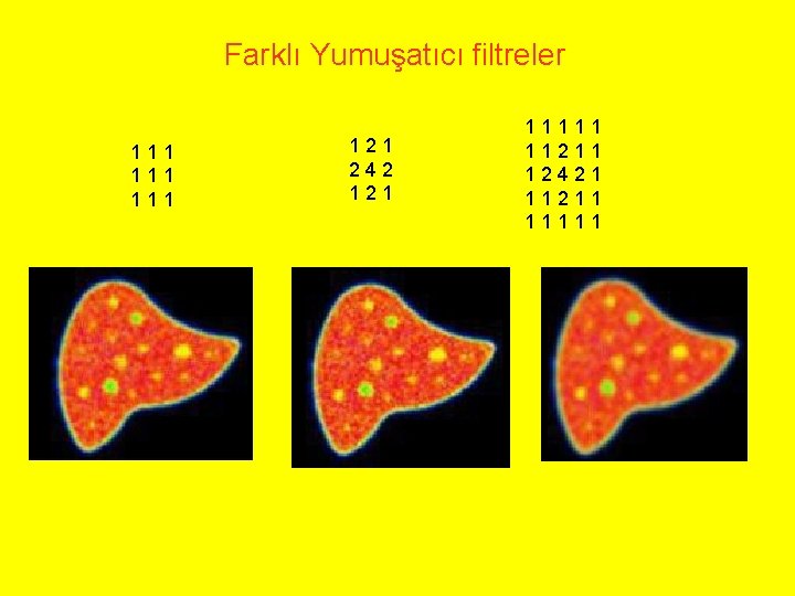 Farklı Yumuşatıcı filtreler 111 111 121 242 121 11111 11211 12421 11211 11111 