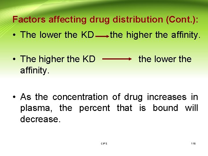 Factors affecting drug distribution (Cont. ): • The lower the KD the higher the