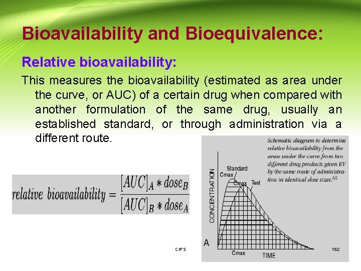 Bioavailability and Bioequivalence: Relative bioavailability: This measures the bioavailability (estimated as area under the