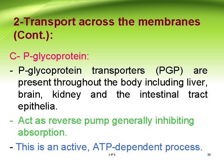 2 -Transport across the membranes (Cont. ): C- P-glycoprotein: - P-glycoprotein transporters (PGP) are