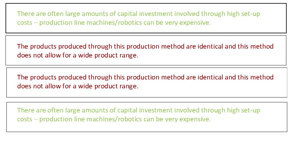 There are often large amounts of capital investment involved through high set-up costs –