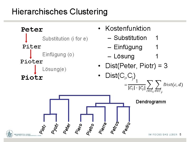 Hierarchisches Clustering • Kostenfunktion Peter – Substitution 1 – Einfügung 1 – Lösung 1