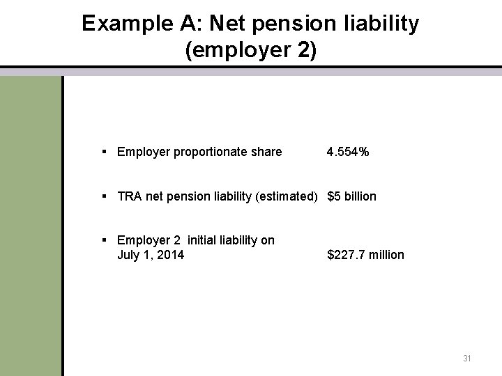 Example A: Net pension liability (employer 2) § Employer proportionate share 4. 554% §