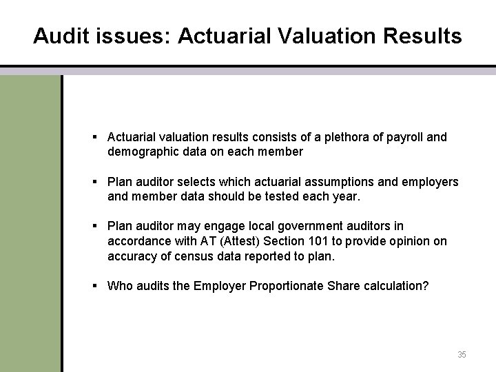 Audit issues: Actuarial Valuation Results § Actuarial valuation results consists of a plethora of