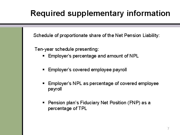 Required supplementary information Schedule of proportionate share of the Net Pension Liability: Ten-year schedule