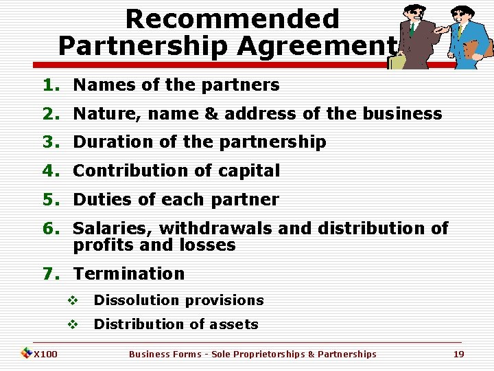 Recommended Partnership Agreement 1. Names of the partners 2. Nature, name & address of