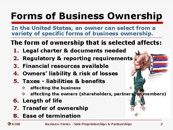 Forms of Business Ownership In the United States, an owner can select from a