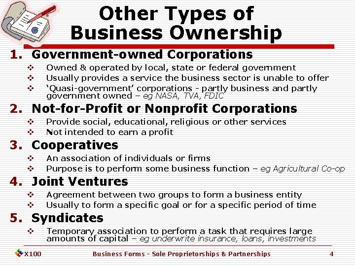 Other Types of Business Ownership 1. Government-owned Corporations v v v Owned & operated