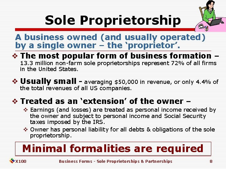 Sole Proprietorship A business owned (and usually operated) by a single owner – the