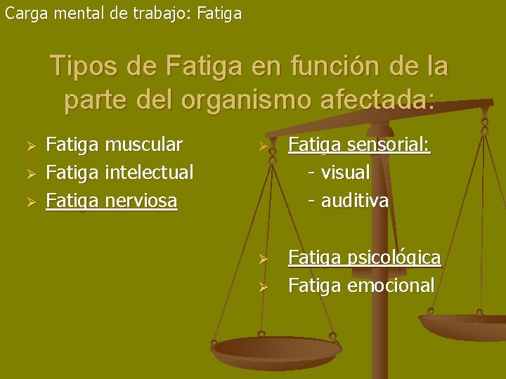 Carga mental de trabajo: Fatiga Tipos de Fatiga en función de la parte del