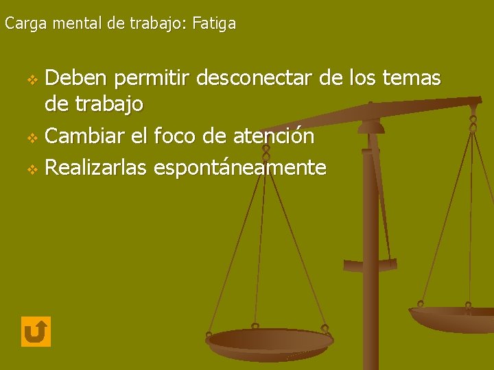 Carga mental de trabajo: Fatiga Deben permitir desconectar de los temas de trabajo v