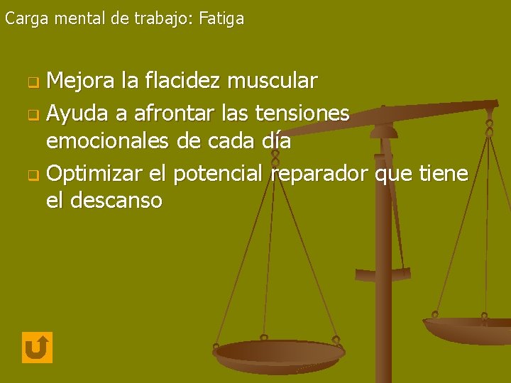 Carga mental de trabajo: Fatiga Mejora la flacidez muscular q Ayuda a afrontar las