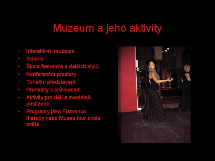 Muzeum a jeho aktivity • • Interaktivní muzeum Galerie Škola flamenka a dalších stylů