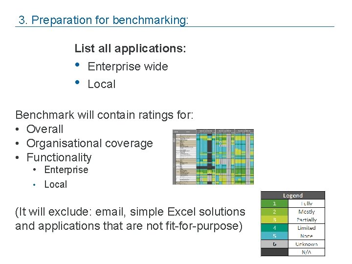  3. Preparation for benchmarking: List all applications: • • Enterprise wide Local Benchmark