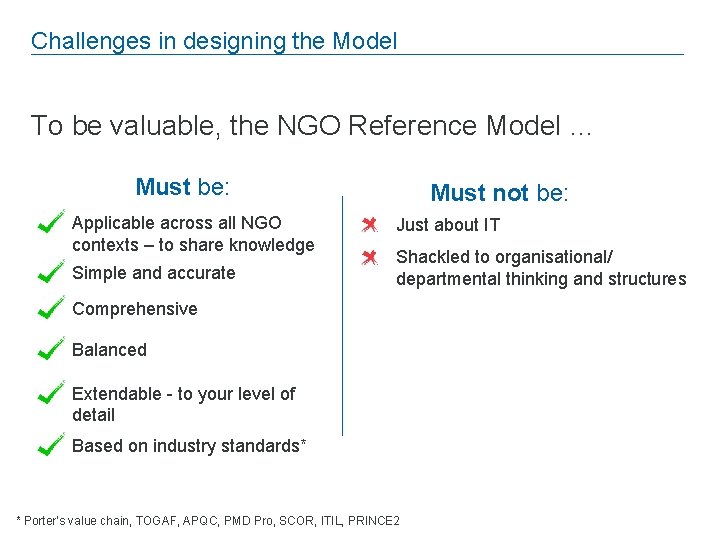 Challenges in designing the Model To be valuable, the NGO Reference Model … Must