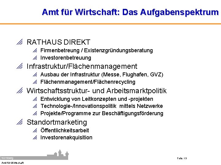 Amt für Wirtschaft: Das Aufgabenspektrum o RATHAUS DIREKT p Firmenbetreung / Existenzgründungsberatung p Investorenbetreuung