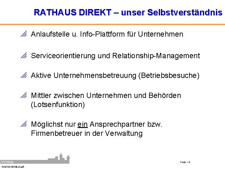 RATHAUS DIREKT – unser Selbstverständnis o Anlaufstelle u. Info-Plattform für Unternehmen o Serviceorientierung und