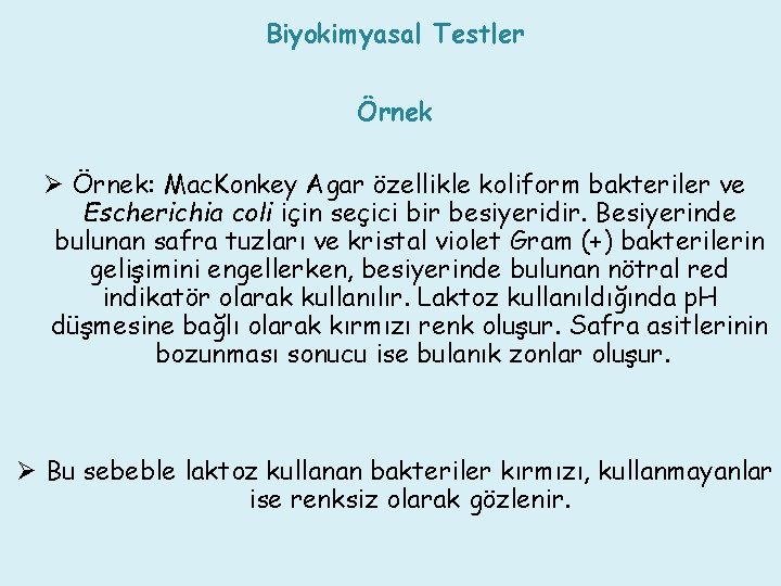 Biyokimyasal Testler Örnek Ø Örnek: Mac. Konkey Agar özellikle koliform bakteriler ve Escherichia coli