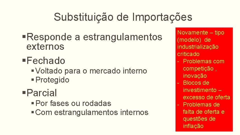 Substituição de Importações §Responde a estrangulamentos externos §Fechado § Voltado para o mercado interno