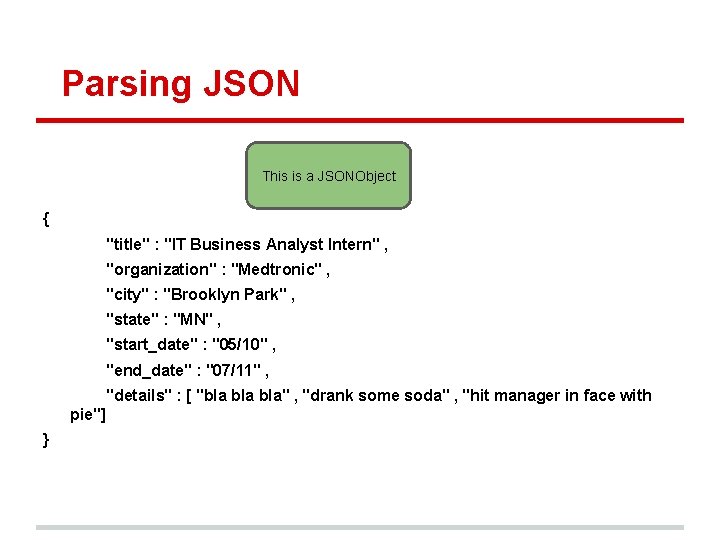 Parsing JSON This is a JSONObject { "title" : "IT Business Analyst Intern" ,