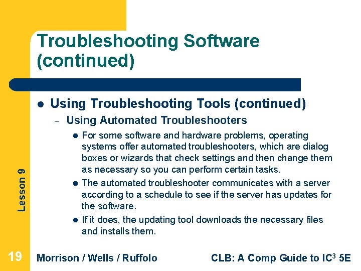 Troubleshooting Software (continued) l Using Troubleshooting Tools (continued) – Using Automated Troubleshooters Lesson 9