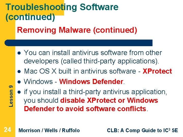 Troubleshooting Software (continued) Removing Malware (continued) l l Lesson 9 l 24 l You