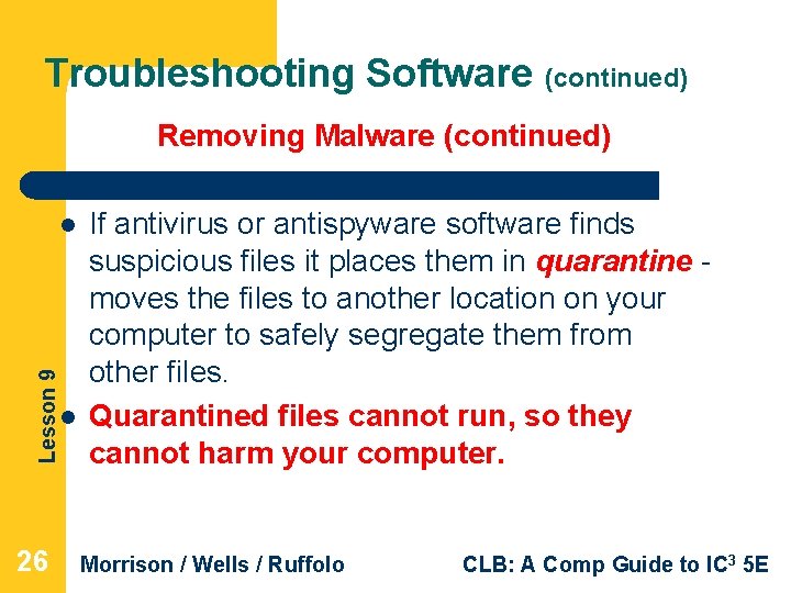 Troubleshooting Software (continued) Removing Malware (continued) Lesson 9 l l 26 If antivirus or