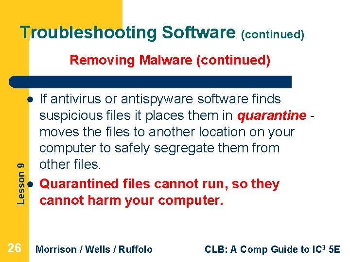 Troubleshooting Software (continued) Removing Malware (continued) Lesson 9 l l 26 If antivirus or Troubleshooting Software (continued) Removing Malware (continued) Lesson 9 l l 26 If antivirus or