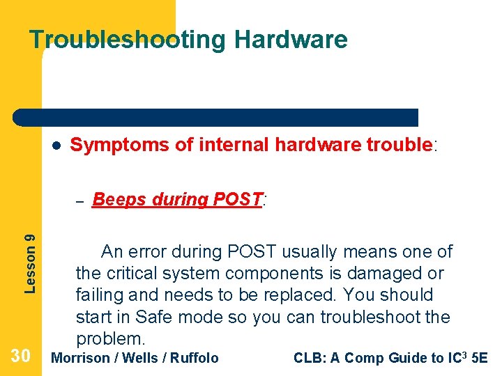 Troubleshooting Hardware l Symptoms of internal hardware trouble: Lesson 9 – 30 Beeps during