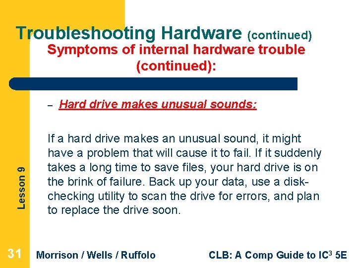 Troubleshooting Hardware (continued) Symptoms of internal hardware trouble (continued): Lesson 9 – 31 Hard