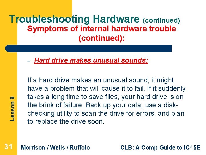 Troubleshooting Hardware (continued) Symptoms of internal hardware trouble (continued): Lesson 9 – 31 Hard Troubleshooting Hardware (continued) Symptoms of internal hardware trouble (continued): Lesson 9 – 31 Hard
