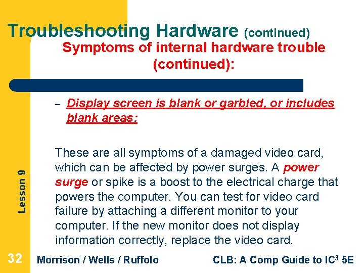 Troubleshooting Hardware (continued) Symptoms of internal hardware trouble (continued): Lesson 9 – 32 Display