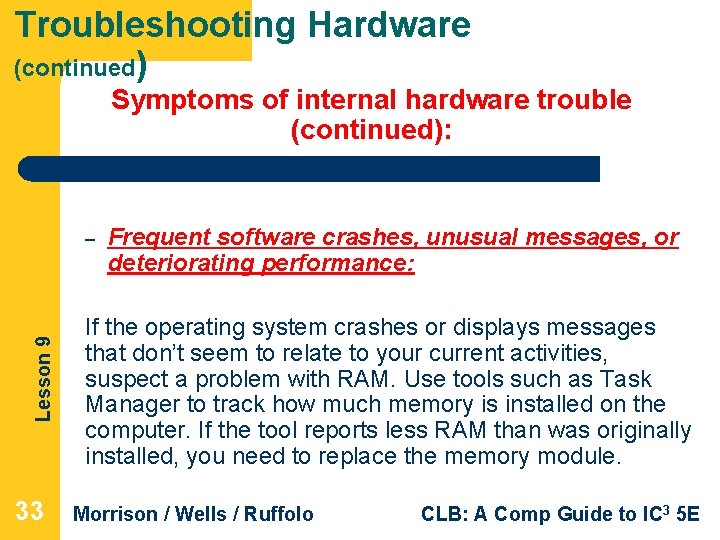 Troubleshooting Hardware (continued) Symptoms of internal hardware trouble (continued): Lesson 9 – 33 Frequent