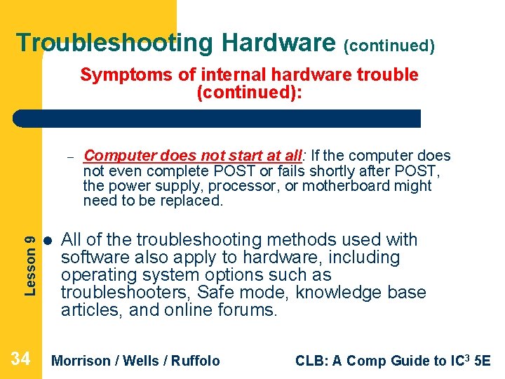 Troubleshooting Hardware (continued) Symptoms of internal hardware trouble (continued): Lesson 9 – 34 l