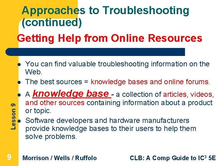 Approaches to Troubleshooting (continued) Getting Help from Online Resources l l Lesson 9 l