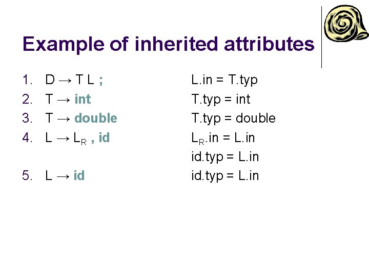 Example of inherited attributes 1. 2. 3. 4. D→TL; T → int T →