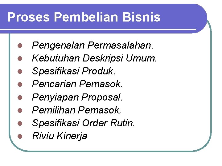 Proses Pembelian Bisnis l l l l Pengenalan Permasalahan. Kebutuhan Deskripsi Umum. Spesifikasi Produk.