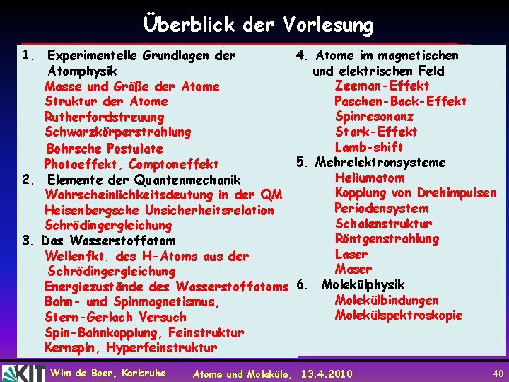 Überblick der Vorlesung 4. Atome im magnetischen 1. Experimentelle Grundlagen der und elektrischen Feld