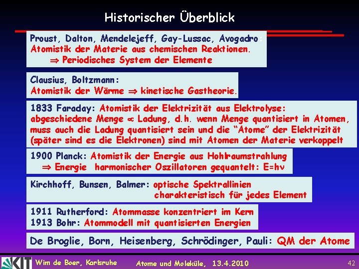 Historischer Überblick Proust, Dalton, Mendelejeff, Gay-Lussac, Avogadro: Atomistik der Materie aus chemischen Reaktionen. Periodisches