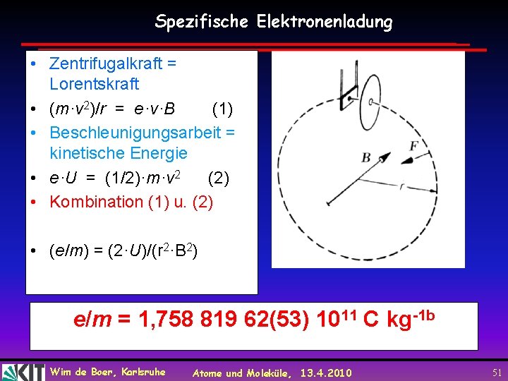 Spezifische Elektronenladung • Zentrifugalkraft = Lorentskraft • (m·v 2)/r = e·v·B (1) • Beschleunigungsarbeit